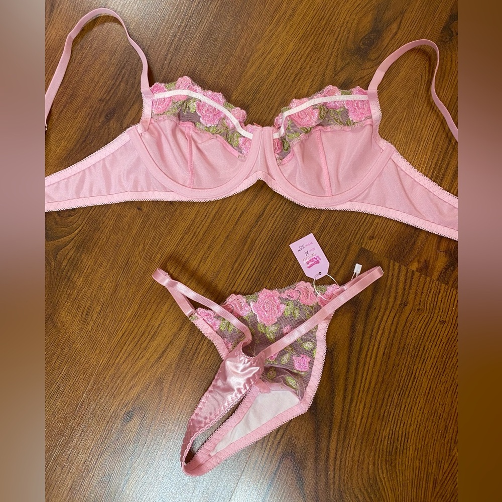 🎀🌷 Ethereal Pink Satin & Sheer Floral Embroidery Lace 2 Pc Lingerie Set 🌷🎀 NWT - Picture 10 of 13